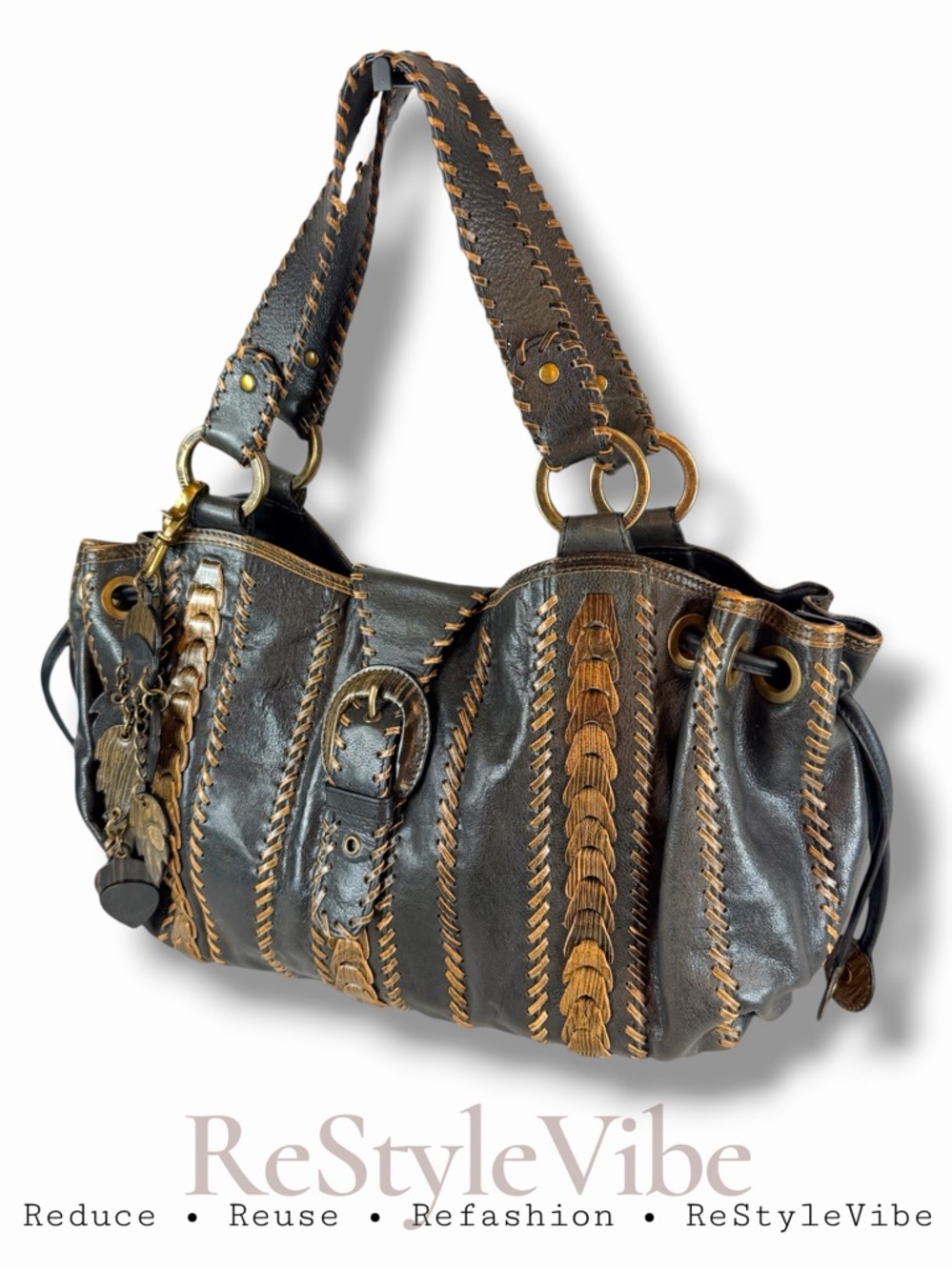 ISABELLA FIORE Sachel Purse Shoulder Bag Large Leather Grommets Bohemian Style